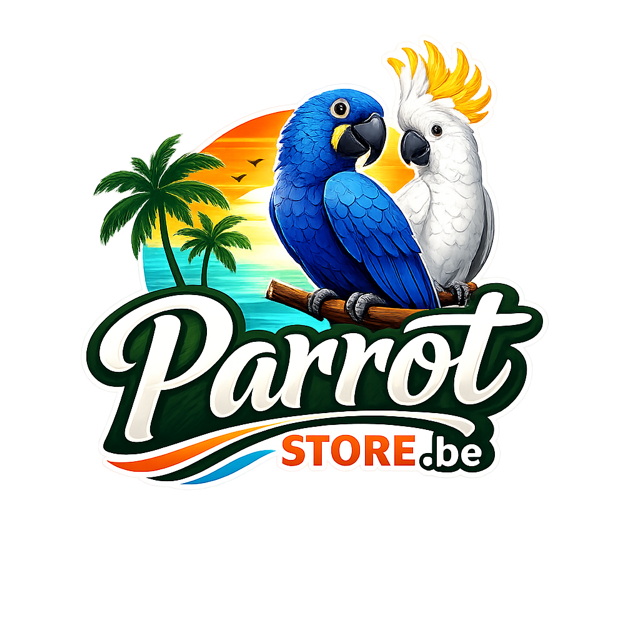 Parrotstore.be logo met een hyacintara en een witte kaketoe